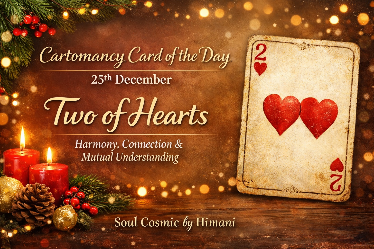 Cartomancy Card of the Day – 25th December- Two of Hearts: Harmony, Connection & Mutual Understanding