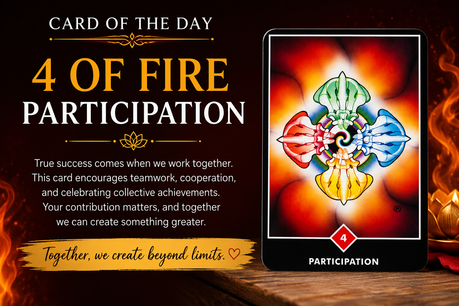 🌟 Card of the Day: 4 of Fire – Participation (Osho Zen Tarot)