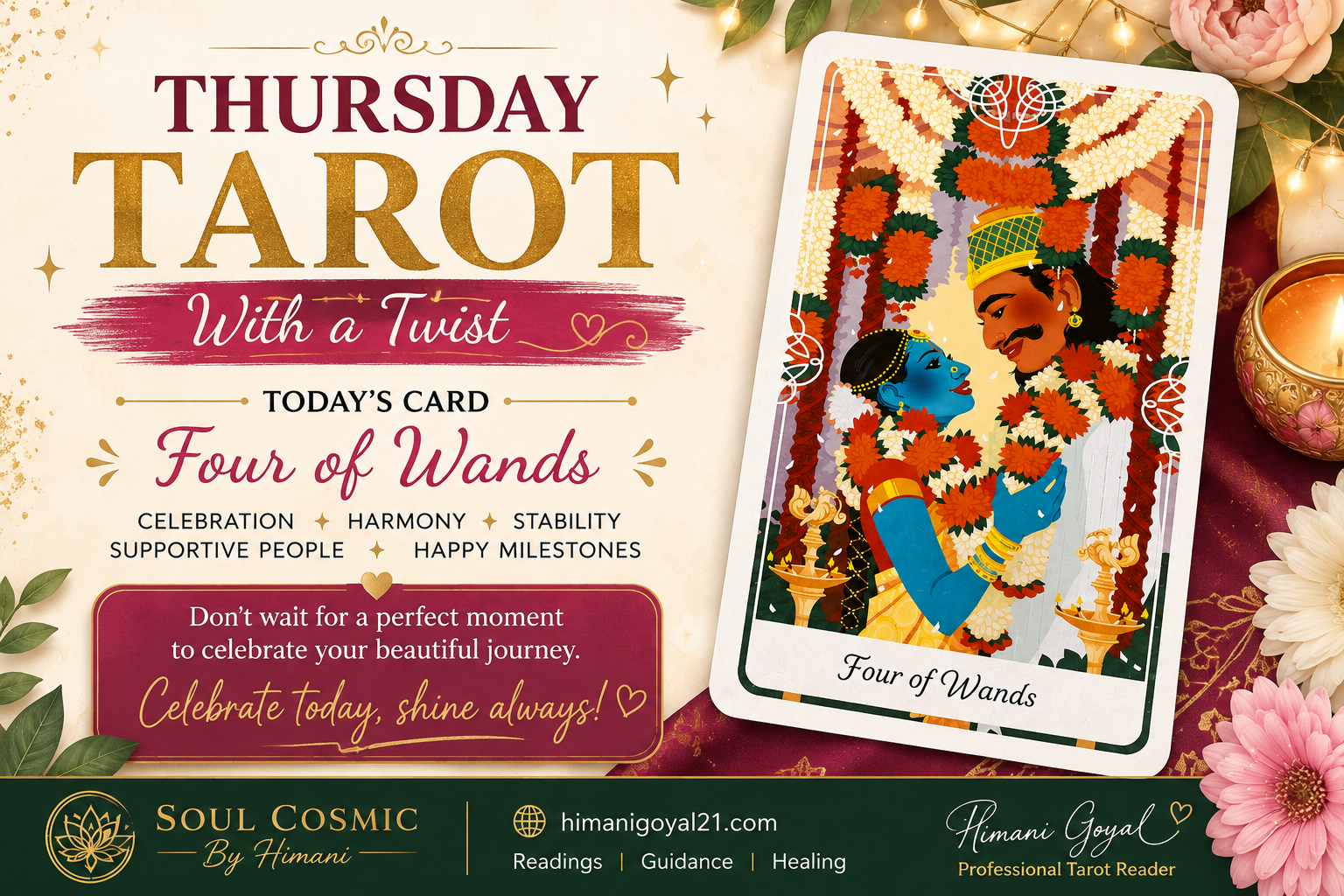 Thursday Tarot With a Twist: Four of Wands — Celebrate Before Life Gives You Another Task! 🎉✨
